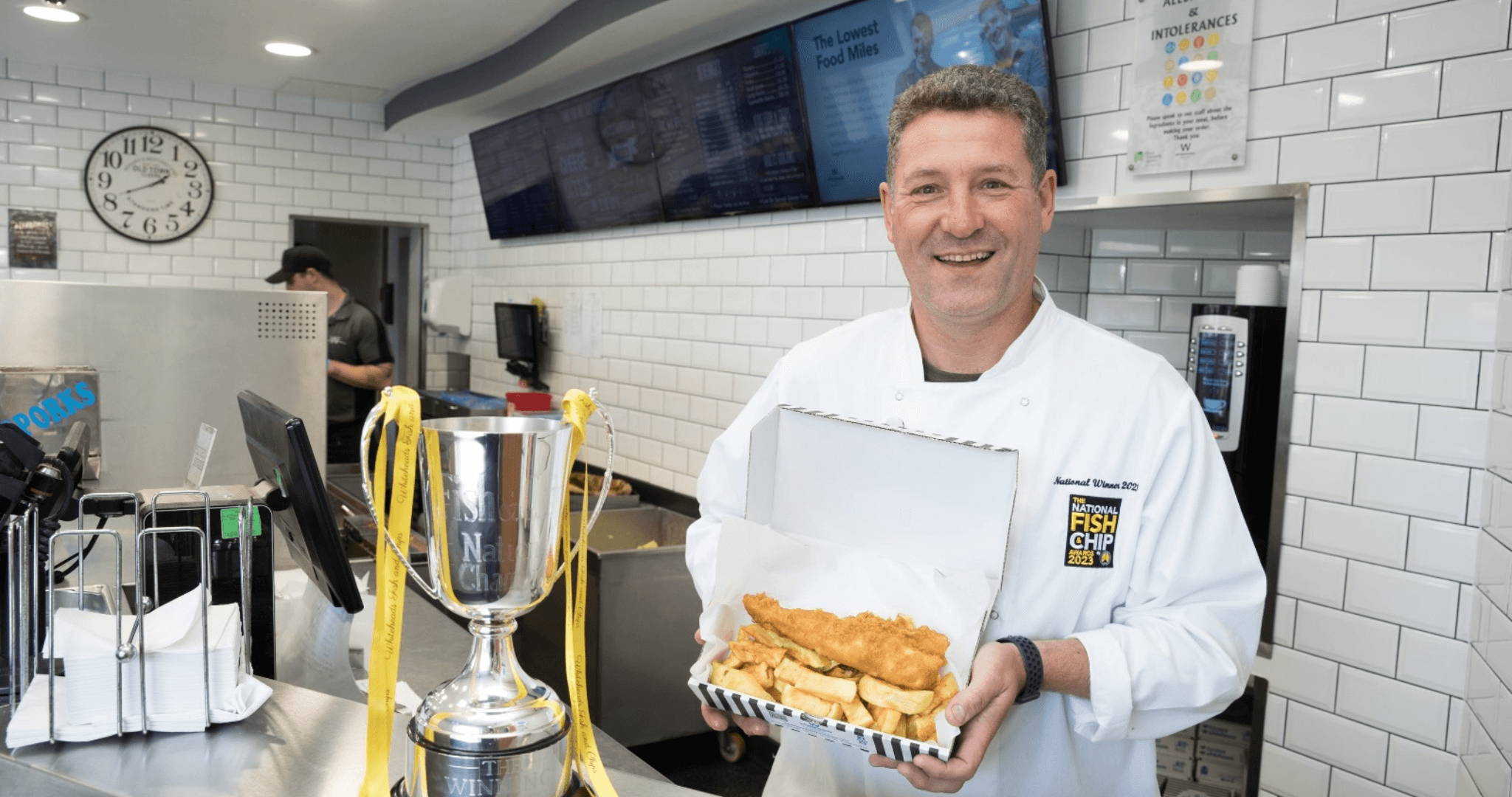 Geoff holding fish & chips
