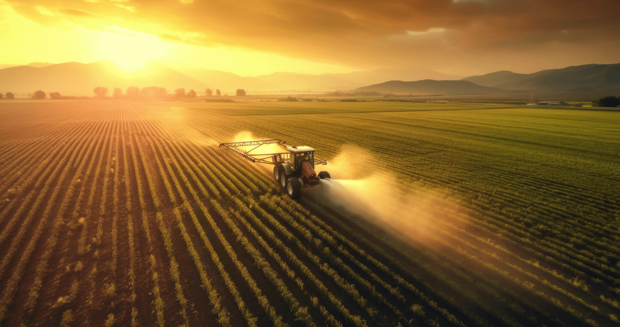 tractor spraying the fields with water