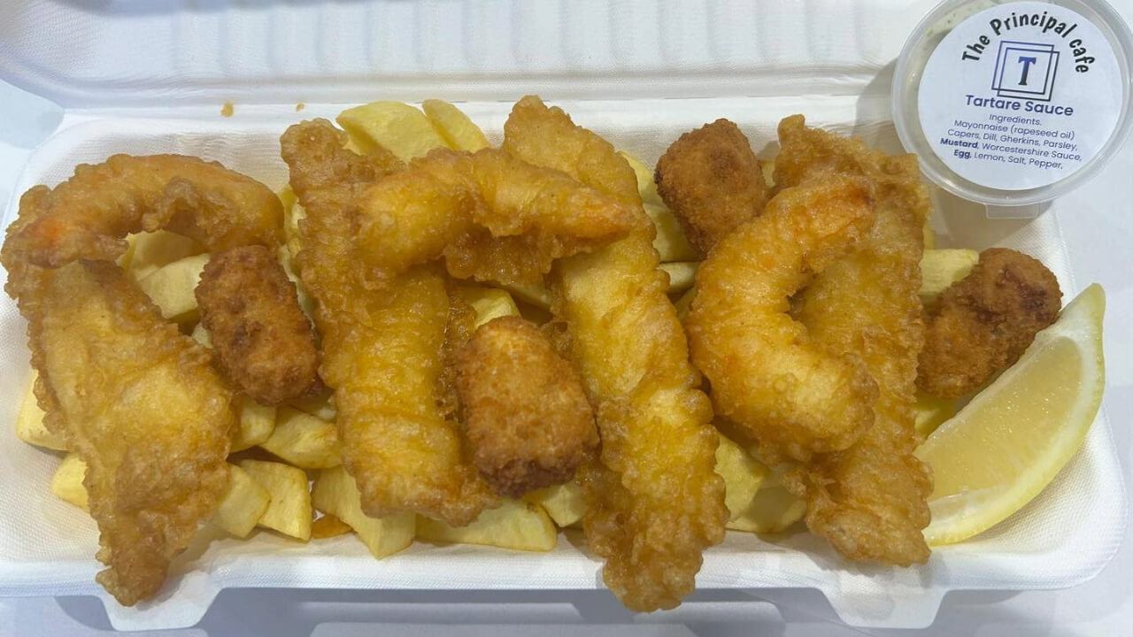 Beautifully fried medley of seafood and chips.