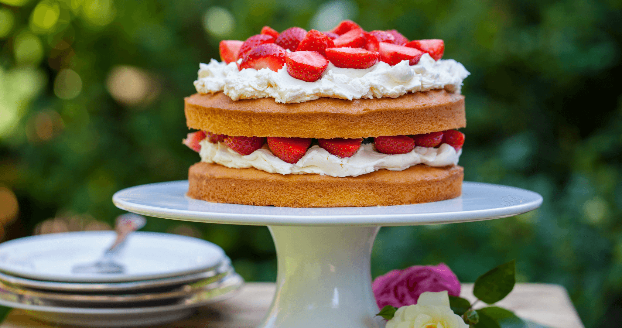 Strawberry and cream filled and topped Victoria sponge in the garden