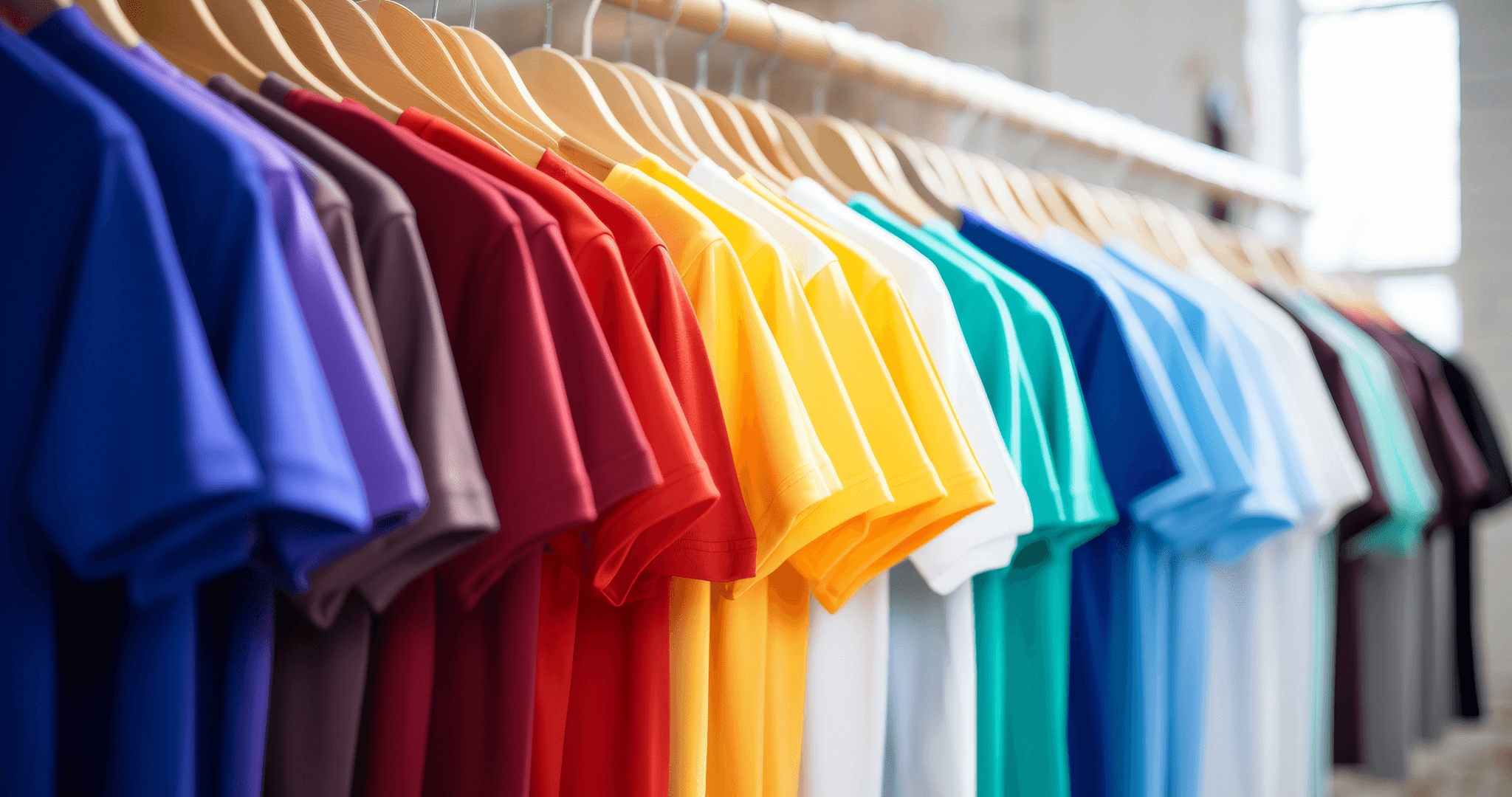 colourful t shirts hanging up